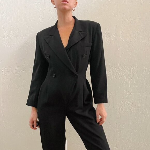 Vintage Norma Kamali Black 100% Wool Blazer Suit Long Sleeve Jumpsuit - Picture 2 of 7